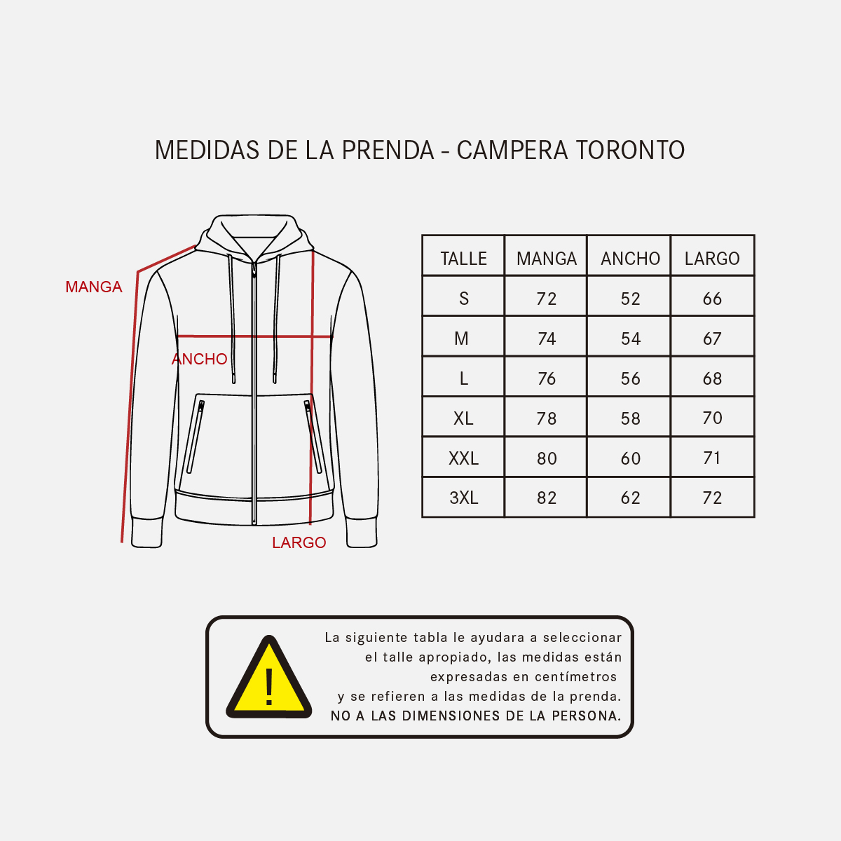Campera Toronto tabla talles